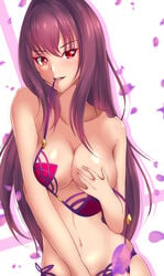 1girls absurdres bangs bikini breasts cleavage covering covering_one_breast eyebrows_visible_through_hair fate/grand_order fate_(series) female hair_between_eyes haneramu highres long_hair looking_at_viewer medium_breasts mouth_hold navel open_mouth purple_hair red_bikini_top red_eyes scathach_(swimsuit_assassin) shiny shiny_hair shiny_skin smile solo straight_hair swimsuit untied untied_bikini upper_body very_long_hair white_background