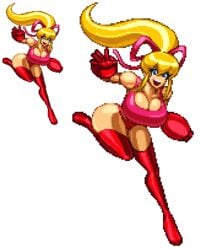 2x_enlarged arm_cannon big_breasts bikini bikini_bottom bikini_top blonde_hair blue_eyes breasts capcom casetermk large_breasts looking_at_viewer mega_man mega_man(classic) pink_ribbon pixel_art ponytail ribbon robot robot_girl roll smile smiling thigh_boots thighhighs transparent_background wide_hips