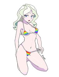 1girls artist_name bikini blonde blonde_hair blue_eyes blush blushing breasts cleavage clothing curvy diana_cavendish eyebrows_visible_through_hair female female_only frost_(artist) fully_clothed highres kneeling little_witch_academia long_hair medium_breasts navel open_mouth rainbow_bikini rainbow_swimsuit solo swimsuit thick_thighs white_background wide_hips