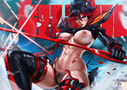 1girls black_hair blue_eyes breasts cutting_clothes dandon_fuga edit female kill_la_kill matoi_ryuuko nipples pubic_hair pussy_hair red_hair revealing_clothes senketsu thighhighs two_tone_hair underboob