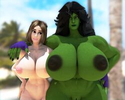 2girls 3d 3d_(artwork) abs areolae big_areolae big_breasts big_hair big_hands big_nipples black_hair breast_size_difference brown_hair brunette crossover female female_only fingerless_gloves giant_breasts gigantic_breasts green-skinned_female green_skin huge_areolae huge_breasts huge_nipples hulk_(series) light-skinned_female light_skin marvel marvel_comics multiple_girls muscular_female natalie_(xauk) nude_female original original_character she-hulk size_difference source_filmmaker vagina xauk