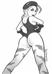 1girls braid cammy_white capcom female gloves hackman hat large_breasts legs long_braid long_hair monochrome scar solo street_fighter thick thick_legs thick_thighs thighs twin_braids wide_hips