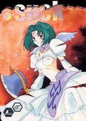 .hack .hack// .hack//sign axe breasts cyan_hair female highres nipples parody red_eyes solo subaru subaru_(.hack//) topless warrior wings