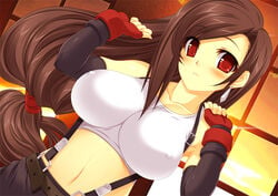 breasts brown_hair earrings erect_nipples female female_only final_fantasy final_fantasy_vii human impossible_clothes impossible_clothing impossible_shirt jewelry kinoshita_ichi large_breasts long_hair low-tied_long_hair midriff pointy_chin red_eyes shirt solo straight_hair suspenders tifa_lockhart