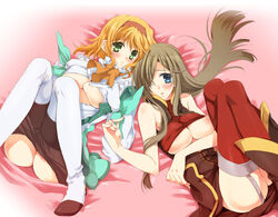 2girls areola areolae blonde_hair blue_eyes breasts brown_hair female female_only green_eyes hairband long_hair lying multiple_girls natalia_luzu_kimlasca_lanvaldear open_clothes open_shirt pantyhose pantyhose_pull red_legwear shirt shirt_lift short_hair shuragyoku_mami tales_of_(series) tales_of_the_abyss tear_grants thighhighs underboob wink