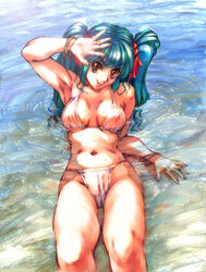 1girls arm_support armpits bikini blue_hair bracelet breasts brown_eyes cameltoe female hair_ribbon hisahiko jewelry long_hair lying mio_sasuga navel nipples on_back ribbon ring see-through solo super_robot_wars super_robot_wars_the_lord_of_elemental swimsuit tied_hair twintails wading water wet white_swimsuit