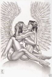 2008 2girls alien_girl aliens dawnstar dc dc_comics female gene_espy hawkgirl hawkman_(series) justice_league legion_of_superheroes making_out monochrome multiple_girls naked naked_female native_american nude nude_female wings yuri