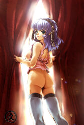 aqua_centolm ass bottomless breasts green_eyes hisahiko no_panties purple_hair sideboob super_robot_wars super_robot_wars_mx thighhighs