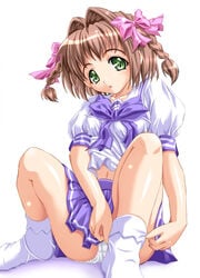 brown_hair daikobutu green_eyes haruka_suzumiya kimi_ga_nozomu_eien panchira panchira_(sitting) panties pantyshot pantyshot_(sitting) pantyshot_sitting school_uniform schoolgirl serafuku shiruko sitting suzumiya_haruka underwear white_panties