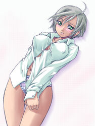 1girls ahoge aria_(series) athena_glory_(aria) blush bottomless clothing dark_skin dress_shirt embarrassed erect_nipples erect_nipples_under_clothes female_only green_eyes grey_hair human human_only looking_at_viewer navel no_pants no_visible_genitalia panties purple_panties shirt shirt_tug short_hair silver_hair solo striped striped_panties thigh_gap underwear yaso_shigeru