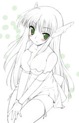 asage blush breasts cleavage clothing dress elbow_gloves gloves green_eyes karakuri_chachamaru mahou_sensei_negima mahou_sensei_negima! medium_breasts monochrome nipple_slip nipples robot_ears spot_color stockings thighhighs torn_clothes