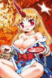 1girls alcohol blonde_hair breasts chains drunk horn horns hoshiguma_yuugi hoshiguma_yuugi_(promo) japanese_clothes kimono long_hair nipples ribbon ribbons sakazuki sake sitting solo sukiyo touhou