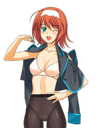 a1 ahoge akane_suzumiya bra hairband kimi_ga_nozomu_eien lingerie midriff muv-luv panties panties_under_pantyhose pantyhose pink_bra pointy_chin smile solo suzumiya_akane tear underwear wink