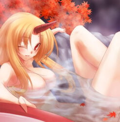 1girls 47agdragon bath blonde_hair breasts female horn hoshiguma_yuugi large_breasts leaf long_hair maple_leaf nude onsen red_eyes sakazuki solo touhou wink