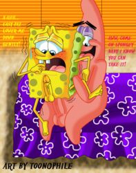 2boys balls bed blush erection leg_lift male male_only multiple_boys multiple_males nickelodeon non-human non-human_only patrick_star penis sea_sponge smooth_skin spongebob_squarepants spongebob_squarepants_(character) starfish sweat toonophile toony yaoi