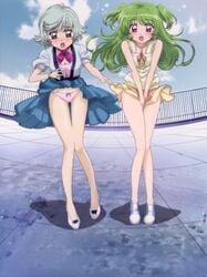 2girls blue_hair gokyouya green_hair inukami! multiple_girls pink_panties red_eyes skirt_lift yoko_(inukami!)