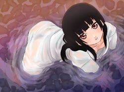 ai_enma bangs black_hair blunt_bangs breast_slip breasts down_blouse enma_ai flat_chest hime_cut jigoku_shoujo nipple_slip nipples red_eyes scharfschutze sharufushuttse water wet wet_clothes