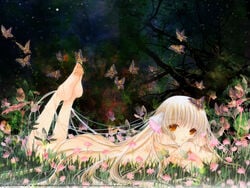 ass barefoot blonde_hair brown_eyes butterfly chii chobits clamp feet flower long_hair lying nude robot_ears soles very_long_hair wallpaper