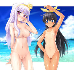 arms_up beach black_hair blue_eyes breasts flat_chest ganaha_hibiki hairband hibiki_ganaha hidebou idolmaster innie_pussy large_breasts long_hair navel nipples nude ocean pubic_hair purple_eyes purple_hair pussy shijou_takane sky tan tanline uncensored water wet