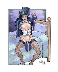 2008 bed bivouac black_hair breasts dc_comics female fishnets green_eyes long_hair nipples pussy solo straight_hair vibrator zatanna