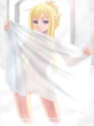 1girls alicia_florence aria blonde_hair blue_eyes female_only human human_only long_hair looking_at_viewer no_visible_genitalia nude see-through smile solo standing towel