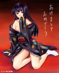 1girls ai_enma bangs bare_shoulders blunt_bangs breasts enma_ai female flat_chest footwear hand_to_mouth hime_cut japanese_clothes jigoku_shoujo kimono kimono_down legs_folded long_legs nipples off_shoulder purple_hair red_eyes sitting socks solo tabi yokozuwari yumeno_naka