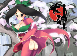 1girls ass ass_cutout black_hair blush breasts cherry_blossoms cleavage earrings female grey_eyes japanese_clothes jewelry leaf long_hair long_sleeves looking_back no_panties okami oota_yuuichi outa_yuichi ponytail sakuya_(okami) solo tied_hair tree