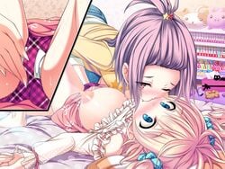 2girls akaza blue_eyes blush breasts breasts_out female kinumura_ui kissing masturbation multiple_girls nipples panties purple_hair surprised yuri