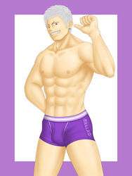 1boy abs bara boxer_briefs boxers boxers_(clothing) bulge earrings human human_only king_of_fighters light-skinned_male light_skin looking_at_viewer male male_focus male_only muscle muscles muscular muscular_male nipples pants_removed pecs pose posing purple_fur purple_underwear red_eyes six_pack smile smiling snk solo solo_focus solo_male standing teeth teeth_clenched teeth_showing topless underwear underwear_only white_background white_hair yashiro_nanakase