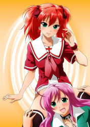 2girls akashiya_moka blush cute_fang female female_only green_eyes hair_ribbon hair_ribbons highres kamoroosaazu no_panties open_mouth pink_hair red_hair ribbon ribbons rosario+vampire school_uniform serafuku shuzen_kokoa thighhighs tied_hair twintails