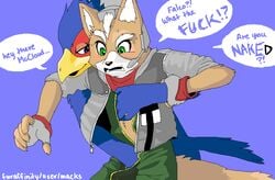 anthro clothes color dialog english_text falco_lombardi fox fox_mccloud from_behind fur furry furry_only gay interspecies male male_only multiple_males nintendo no_humans nude pheasant speech_bubble star_fox text yaoi