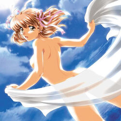 1girls breasts brown_eyes brown_hair female haruka_suzumiya kimi_ga_nozomu_eien nude open_mouth ribbon ribbons short_hair sky solo suzumiya_haruka