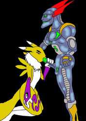 anthro color digimon female fur furry interspecies kneeling male megabyte nude reboot renamon side_view standing tagme