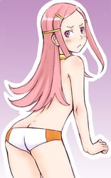 1girls anemone_(eureka_seven) blush butt_crack eureka_seven eureka_seven_(series) face female flat_chest ha-ru hair_ornament hairclip long_hair panties pink_eyes pink_hair solo topless underwear