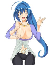 blue_hair breasts cleavage hayase_mitsuki kimi_ga_nozomu_eien large_breasts long_hair mitsuki_hayase navel sexually_suggestive wink