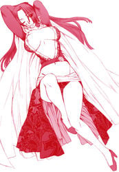 boa_hancock breasts cape cleavage earrings epaulettes female female_only hanzaki_jiro hanzaki_jirou high_heels long_hair midriff monochrome nipple_slip nipples one_piece red_theme shoes side_slit solo straight_hair wink