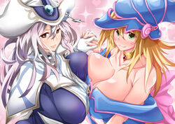 2girls alternate_breast_size bare_shoulders big_breasts blonde_hair blush breast_frottage breasts brown_eyes cleavage clothed dark_magician_girl dress eye_contact female female_only green_eyes half-closed_eyes hat heart long_hair pink_background silent_magician smile tokihanatareshi white_hair yu-gi-oh! yu-gi-oh!_duel_monsters yuri