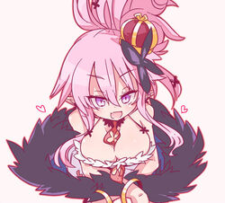 1girls :d ashi_karekusa between_breasts breasts cleavage crown disgaea disgaea_5 heart looking_at_viewer nippon_ichi_software open_mouth pink_hair pointy_ears ponytail seraphina_(disgaea) smile solo tie violet_eyes