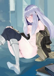 anus ass bar_censor black_legwear book_stack boots breasts censored coat fakepucco female fire_emblem fire_emblem:_three_houses hair_between_eyes highres indoors knees_together_feet_apart long_hair looking_at_viewer lysithea_von_ordelia naked_coat open_clothes open_coat open_mouth purple_eyes purple_hair pussy pussy_juice sidelocks sitting sleeves_past_wrists small_breasts solo sweatdrop thighhighs very_long_hair