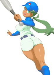 1girls aged_up alternate_breast_size alternate_costume alternate_outfit baseball_bat baseball_cap baseball_uniform big_ass big_breasts dark-skinned_female dark_skin female female_only green_eyes green_hair human long_hair mallow_(pokemon) nintendo nipples nipples_visible_through_clothing official_alternate_costume pokemon pokemon_(anime) pokemon_sm shorts solo sport thick_thighs thigh_gap tof twintails wide_hips