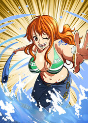 1girls big_breasts bikini bikini_top clima-tact diogocidades1 female female_only nami one_eye_closed one_piece orange_hair tattoo wink