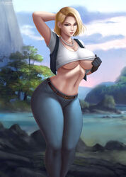 1girls abs alternate_breast_size android_18 arm_up armpits ass belt big_ass big_breasts blonde_hair blue_eyes bottom_heavy breasts cleavage day deviantart dragon_ball dragon_ball_z eye_contact female female_only flowerxl gloves half-closed_eyes huge_ass huge_breasts jacket jeans large_ass large_breasts lipstick looking_at_viewer necklace outdoors pants pinup pose shirt short_hair smile solo standing tank_top text thick_thighs tree underboob url water watermark wide_hips