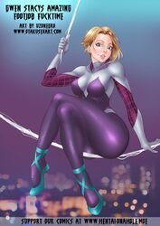 ass asymmetrical_hair blonde_hair blue_eyes bodysuit buckteeth butt female female_focus female_only foot_fetish gwen_stacy gwen_stacy_(spider-verse) marvel marvel_comics medium_breasts otakusexart shaved_side short_hair solo spider-gwen spider-man:_into_the_spider-verse spider-man_(series) superhero superhero_costume superheroine thick_thighs uzonegro wide_hips