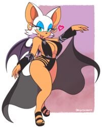 animal_ears anthro bat_wings blue_eyes blush breasts cleavage earrings eyeshadow fangs female female_only full_body furry high_heels impossible_clothes large_breasts legs makeup omegasunburst open_mouth rouge_the_bat sega sonic_(series) thighs wings