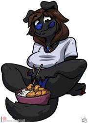 2019 4_toes 5_fingers anthro areola atryl big_breasts biped black_fur blue_nose bottomwear breasts brown_eyes brown_hair canid canine canis chopsticks claws cleavage clothed clothing colored_nails crossed_legs digital_media_(artwork) domestic_dog female fingers food fur hair hi_res hindpaw mammal moxsapphire nails nipples patreon pawpads paws pussy sherri_mayim solo toes tongue tongue_out