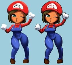 :3 breasts cleavage dark-skinned_female dark_skin female female_only green_eyes huge_breasts looking_at_viewer male_character_(cosplay) maria_(miitopia) mario_(cosplay) mario_(series) mii miitopia minus8 nintendo one_eye_closed short_hair tagme tan thick_thighs wide_hips