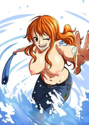 1girls big_breasts clima-tact diogocidades1 female female_only nami one_eye_closed one_piece orange_hair tattoo topless uncensored wink