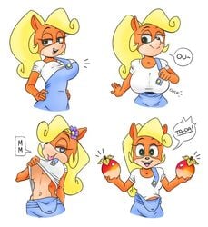 anthro coco_bandicoot fake_breasts laugh shirt_lift small_breasts smile tagme teasing tricked wumpa_fruit