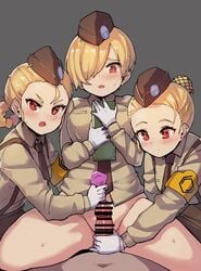 1boy 3girls armband bar_censor before_sex blonde_hair blush bottomless censored collared_shirt commentary_request condom condom_wrapper dark-skinned_male dark_skin fffm_foursome foursome garrison_cap girls'_frontline gloved_handjob gloves hair_bun hair_over_one_eye handjob hat highres holding holding_condom interracial justeeeeth light-skinned_female light_skin long_sleeves looking_at_penis looking_at_viewer m2_(girls'_frontline) military military_uniform multiple_girls necktie open_mouth penis pov red_eyes shirt short_hair straight uniform unopened_condom_wrapper white_gloves