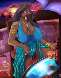 2019 abs alcohol amber_eyes anthro beverage big_breasts black_hair bodily_fluids bottle bracelet breasts clothed clothing cloud detailed_background dress duo_(artist) ear_piercing ear_ring equid equine female flower flower_in_hair genital_fluids hair half-closed_eyes hi_res horse huge_breasts jewelry licking licking_lips licking_own_lips long_hair looking_at_viewer mammal muscular_female naughty_face necklace nipple_outline outside palm_tree piercing plant pussy pussy_juice ring seductive seductive_smile self_lick signature sky smile solo spread_legs spreading thick_thighs tongue tongue_out tree wine_glass